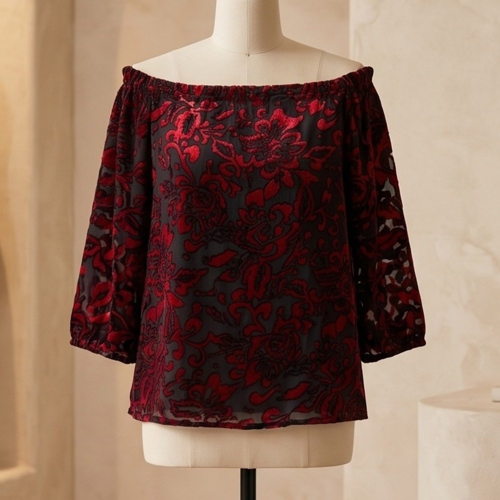 Chico's 3P Petite‎ Red Black Burnout Velvet Off Shoulder Top XL Holiday Blouse